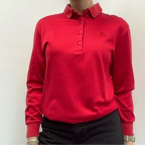 Burberry Vintage Red Long Sleeve Polo Pullover Top Collared Embroidered Logo S